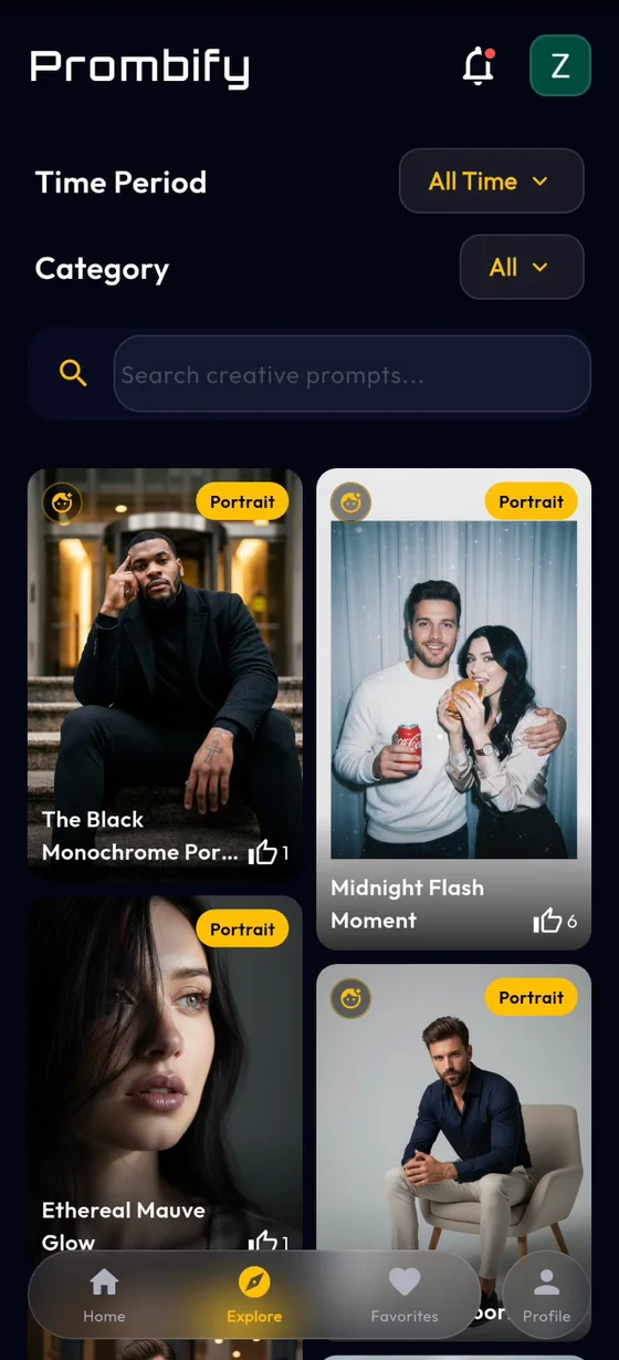 Prombify explore screen with filters